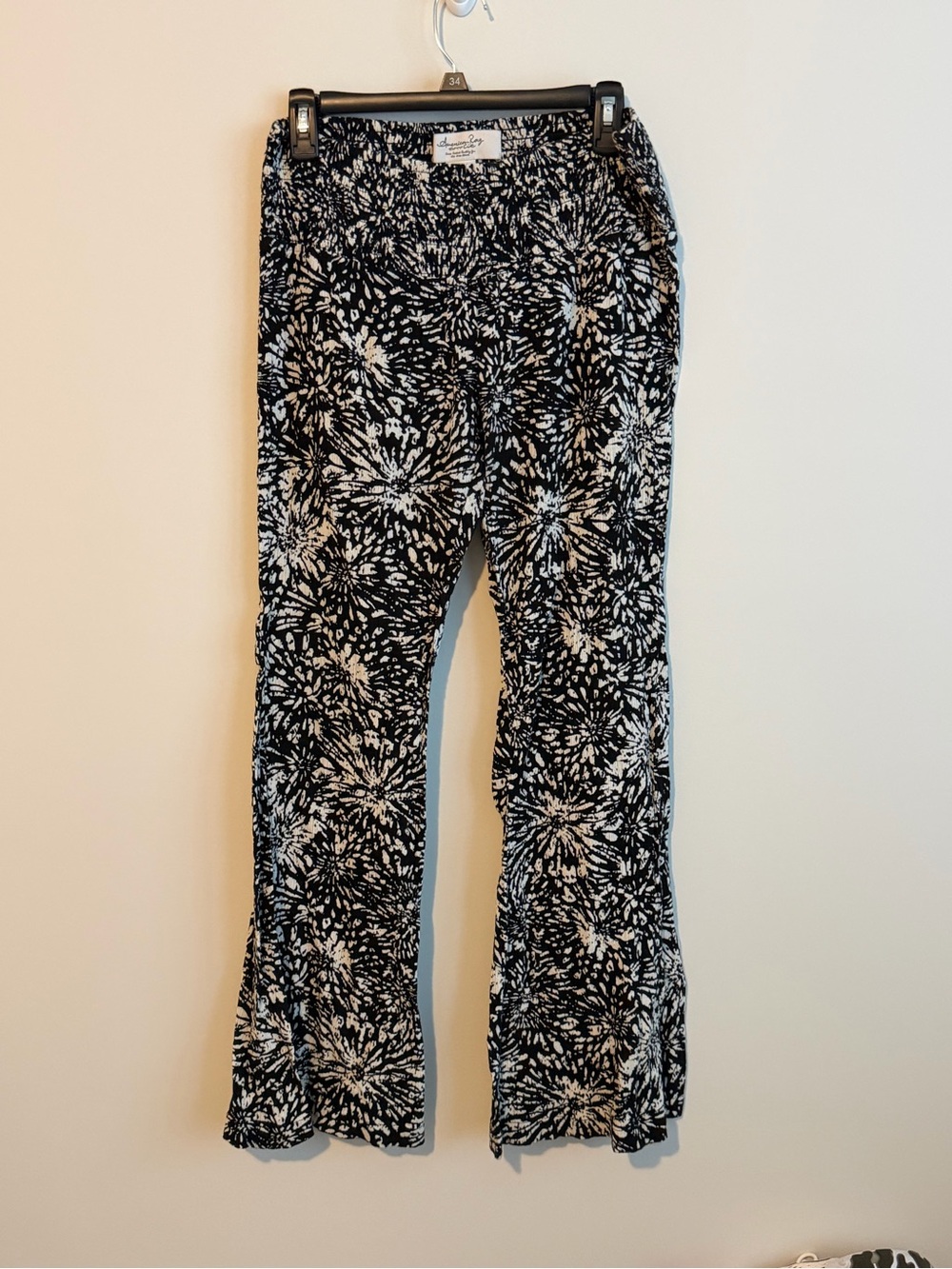 American Rag Cie Flowy Wide Leg Pants Black White Print Elastic Waist Size S
